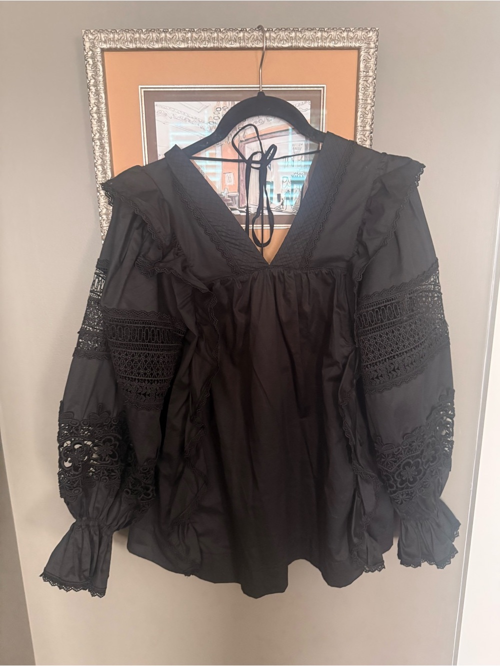 RARE LUG VON SIGA BLACK CARA RUFFLE LACE BLOUSE SZ. 34 S-Medium LIKE NEW